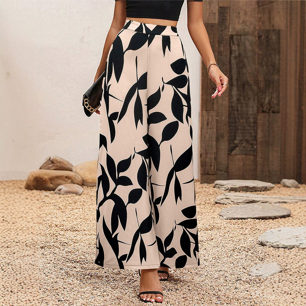 Women's Chiffon Leaf Print High-Waist Wide-Leg Pants