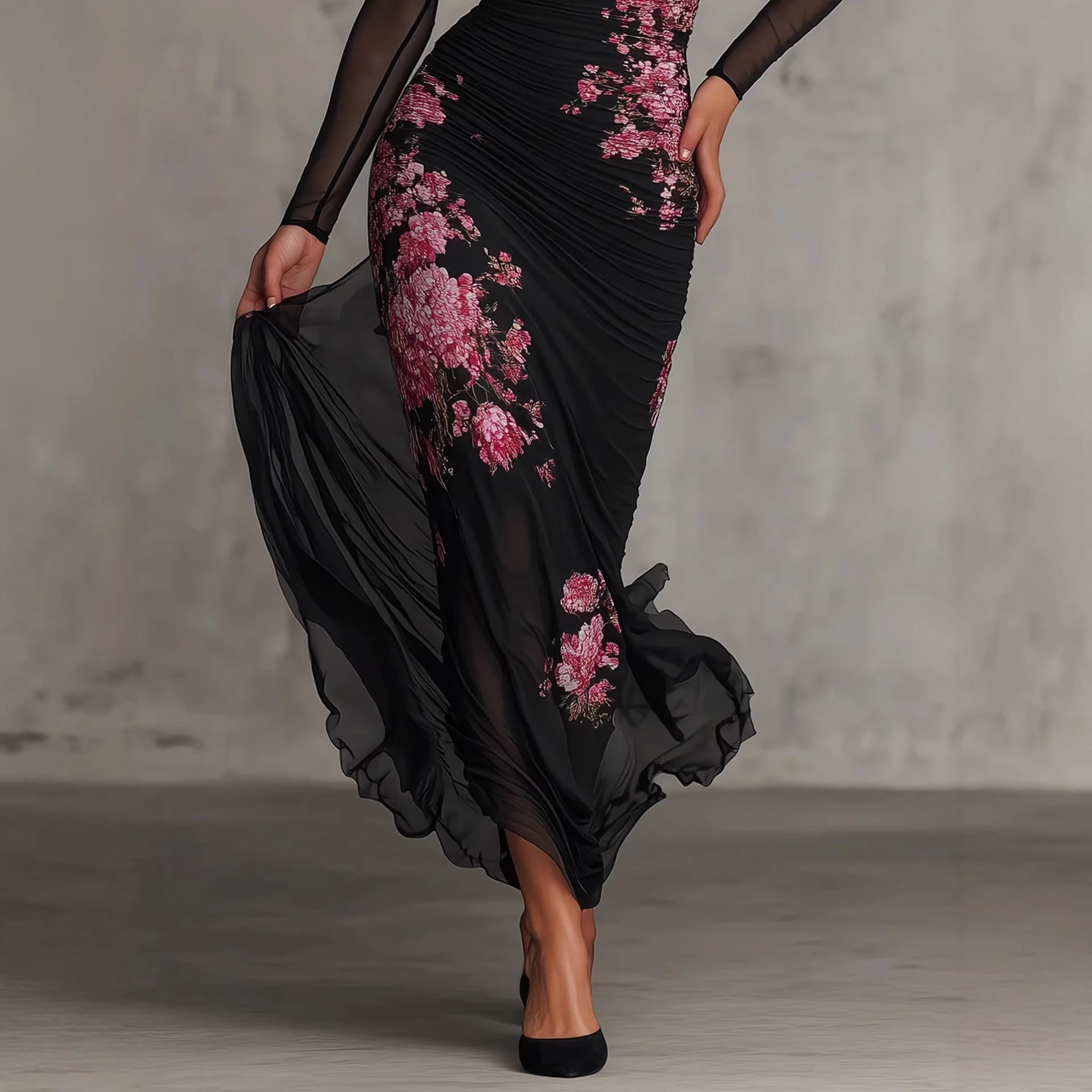 Black Mesh Print High Neck Long Sleeve Bodycon Mermaid Dress