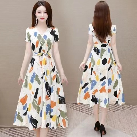 Women's Floral A-Line Midi Dress V-Neck Short Sleeve Slimming Casual