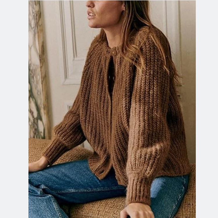 Women's Solid Color Knit Cardigan Crew Neck Long Sleeve Sweater