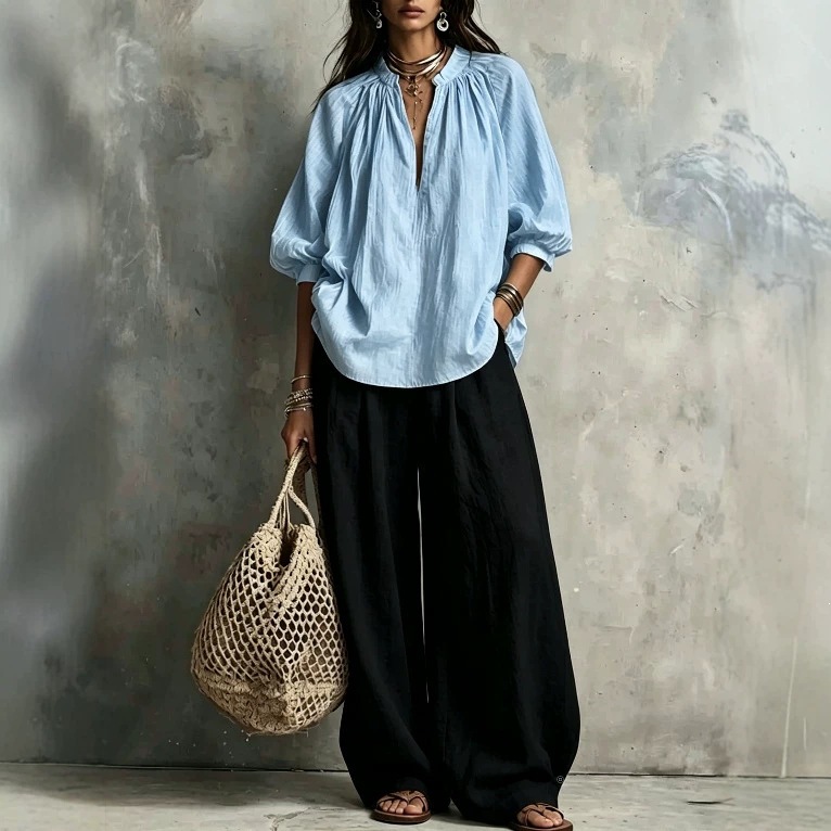 Women's Solid Color Stand Collar Lantern Sleeve Top & Wide-Leg Pants Two-Piece Set