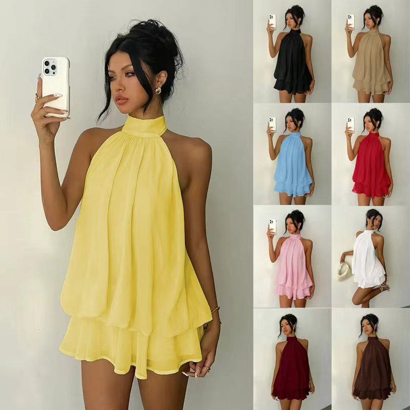 Solid Halter Neck Open Back Fitted Top Puff Skirt Mini Dress
