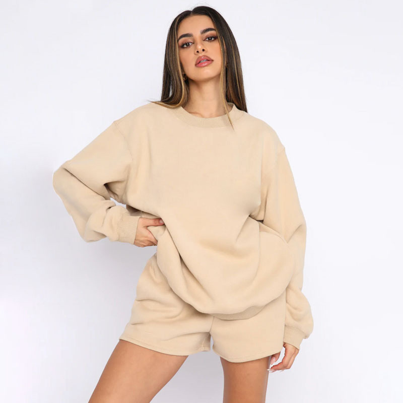 Women's Solid Crewneck Long-Sleeve Pullover Sweatshirt and Shorts Set