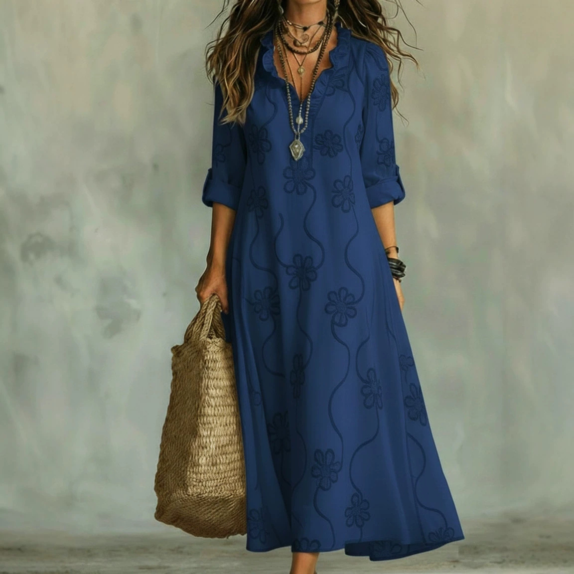 Bohemian Floral Print V-Neck Lace Trim Midi Dress