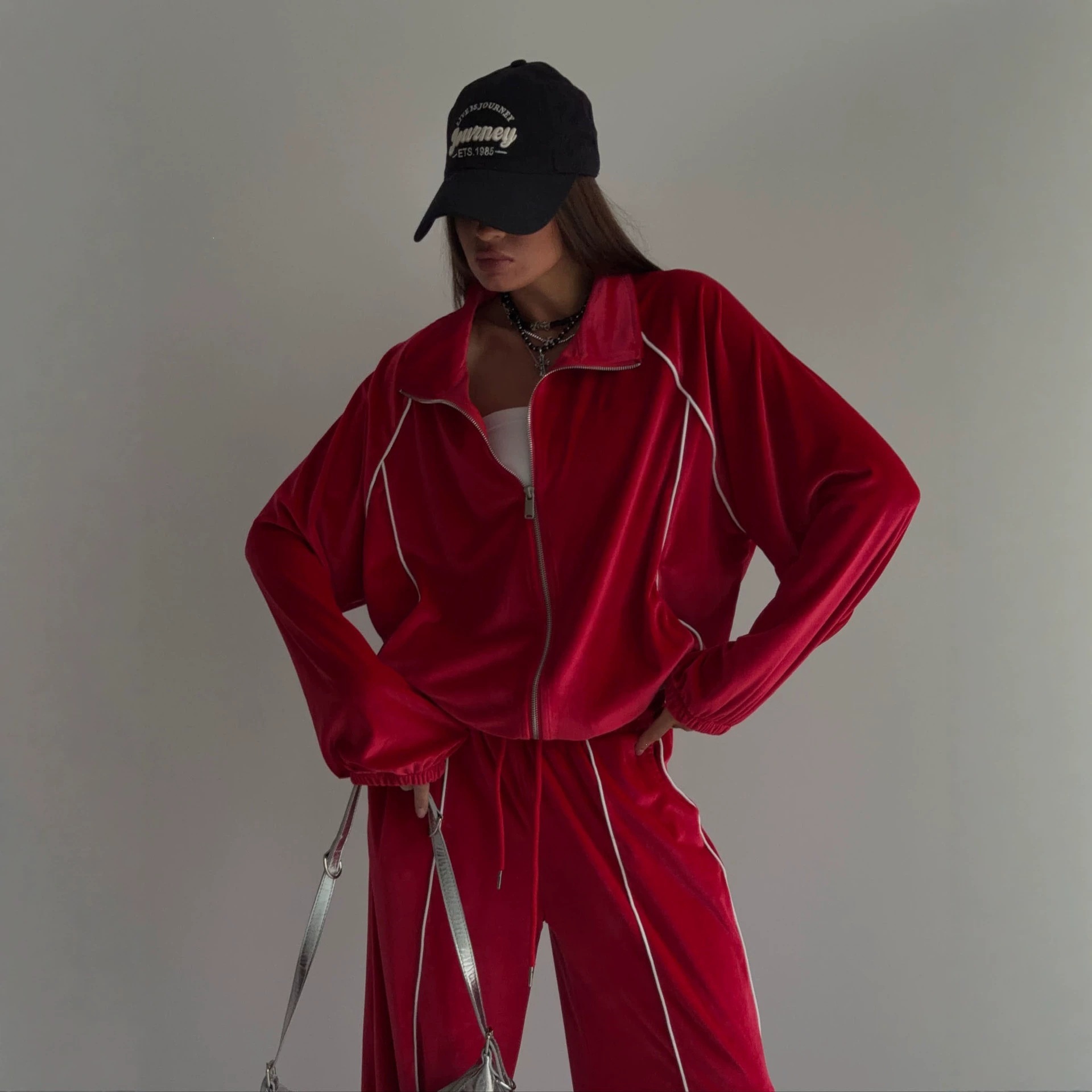 Red Velvet Zip Cardigan & Wide-Leg Pants Set