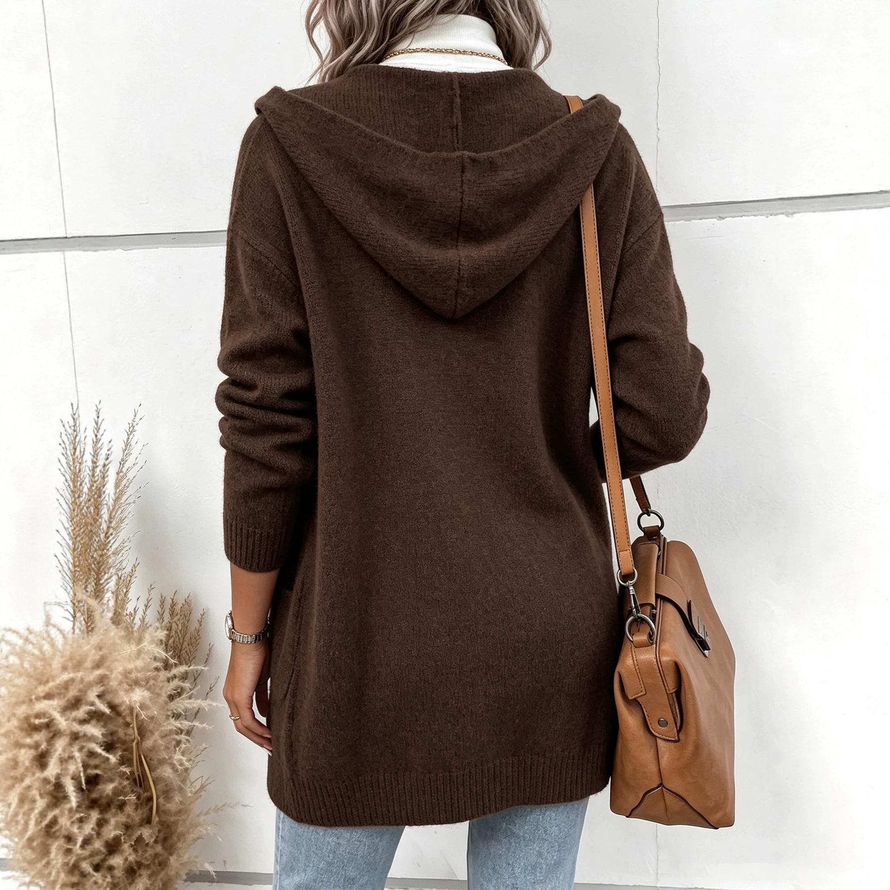 Solid Hooded Knit Cardigan Sweater Coat for Women