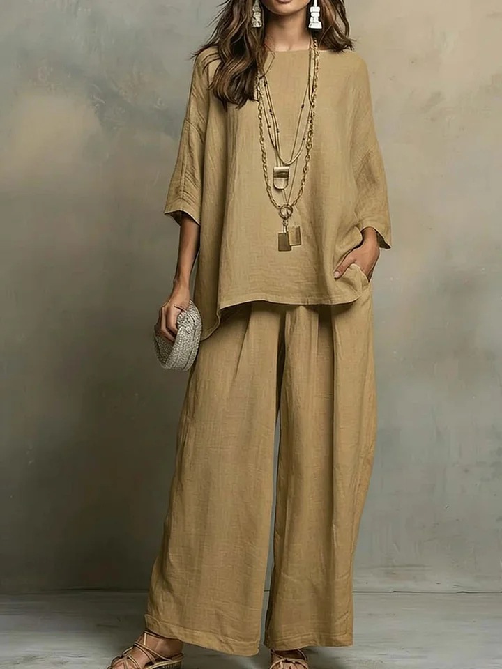 Women's Cotton-Linen Blend Shirt & Wide-Leg Pants Set