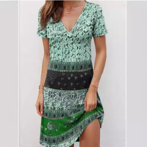 V-Neck Short Sleeve High Waist Geometric Print Midi Dress