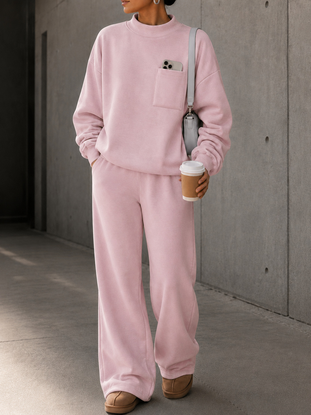 Women's Loose Stand Collar Sweatshirt & Wide-Leg Pants Set Solid Color Casual Sportswear