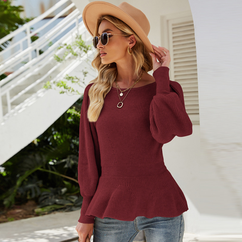 Women's Waist-Fitted Lantern Sleeve Knit Top Solid Color Sweater