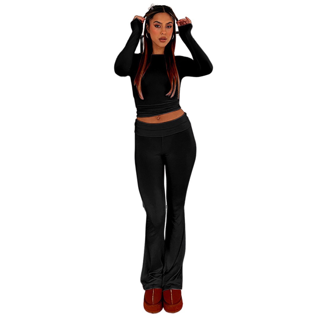 Women's Solid Color Long Sleeve Top and Pants Two-Piece Set