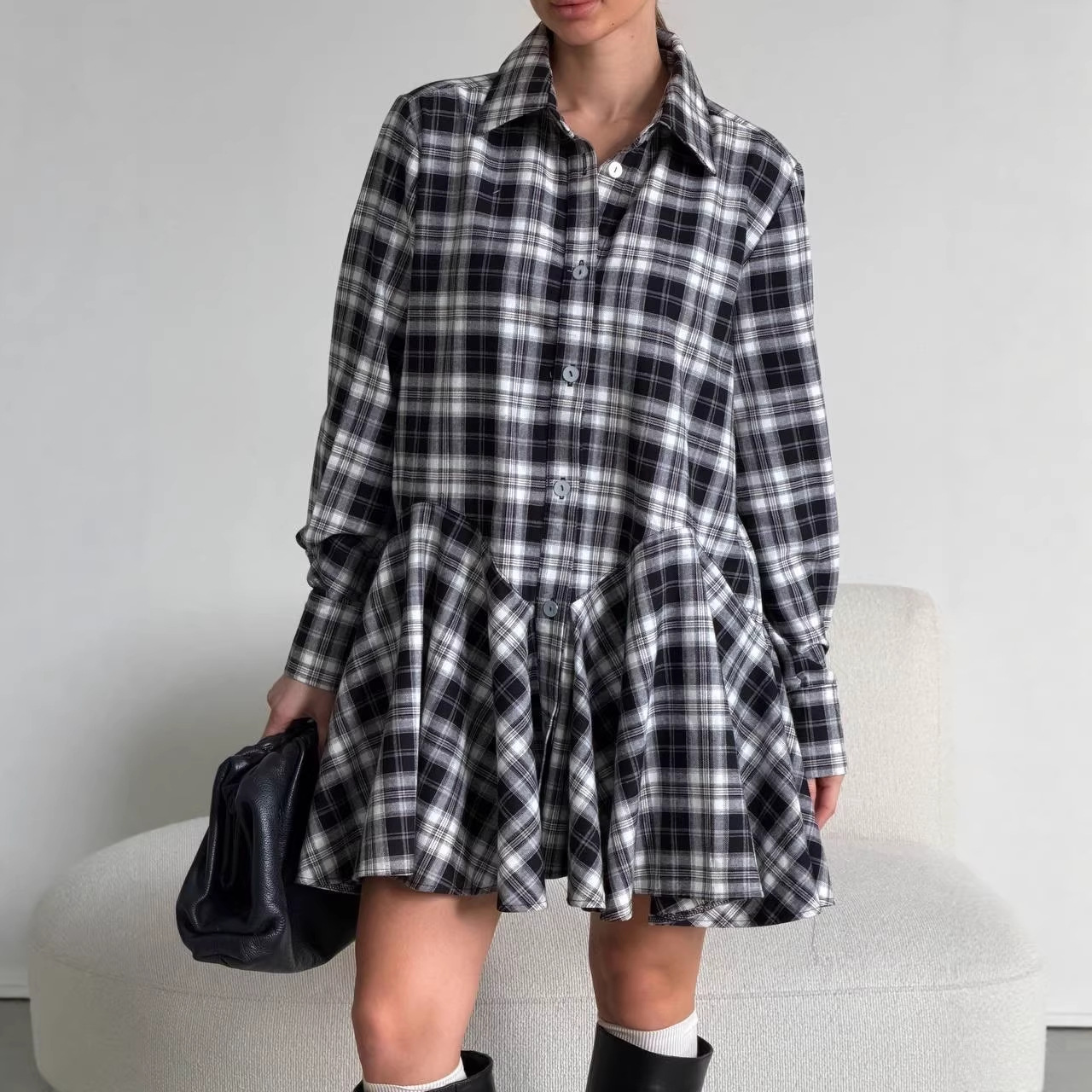 Retro Plaid Collared Slimming Shirt Dress with Puff Skirt
