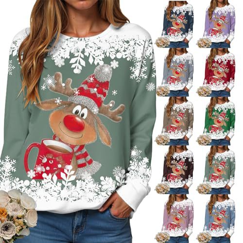 Women's Christmas Reindeer Snowflake Print Crewneck Sweatshirt