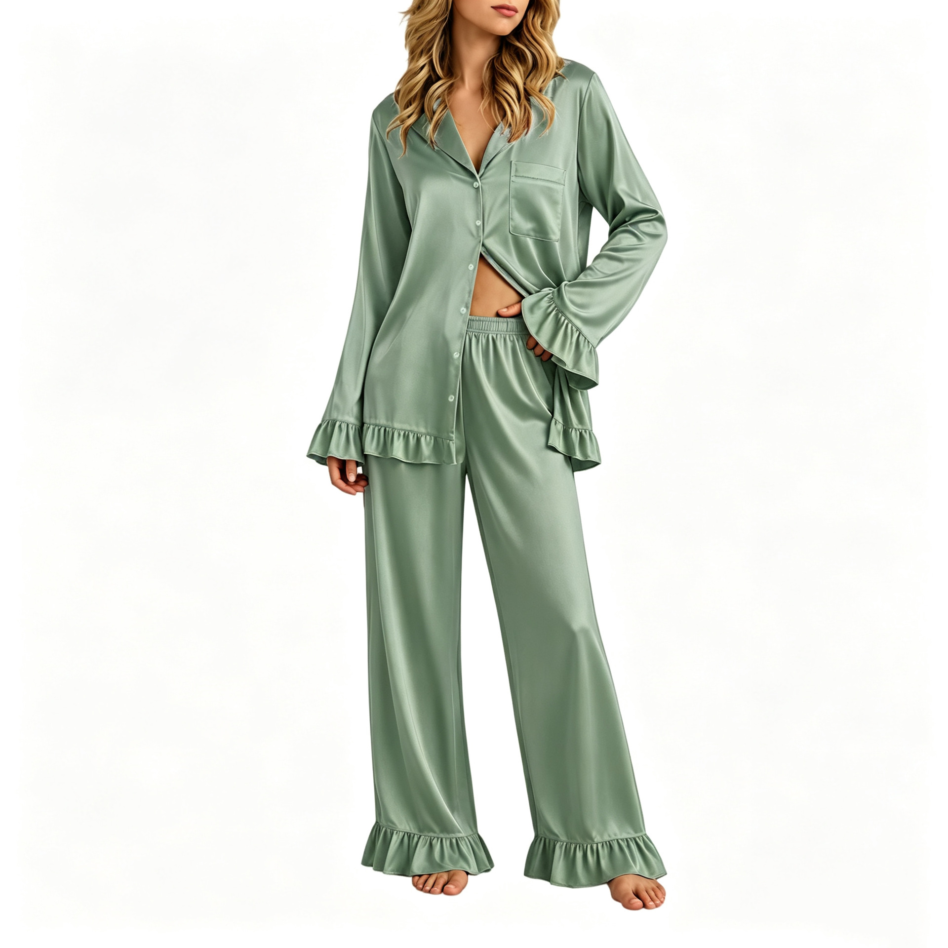 Women's Ruffle Collar Cardigan and Pants Loungewear Set Long Sleeve