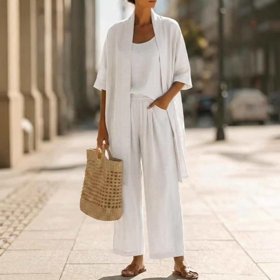 Women's Solid Color Casual Loose Straight Three-Piece Pant Set