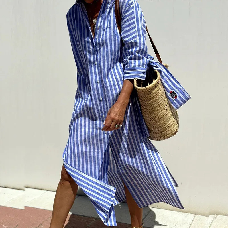 Striped Button-Front Midi Shirt Dress with Collar and Five-Quarter Sleeves