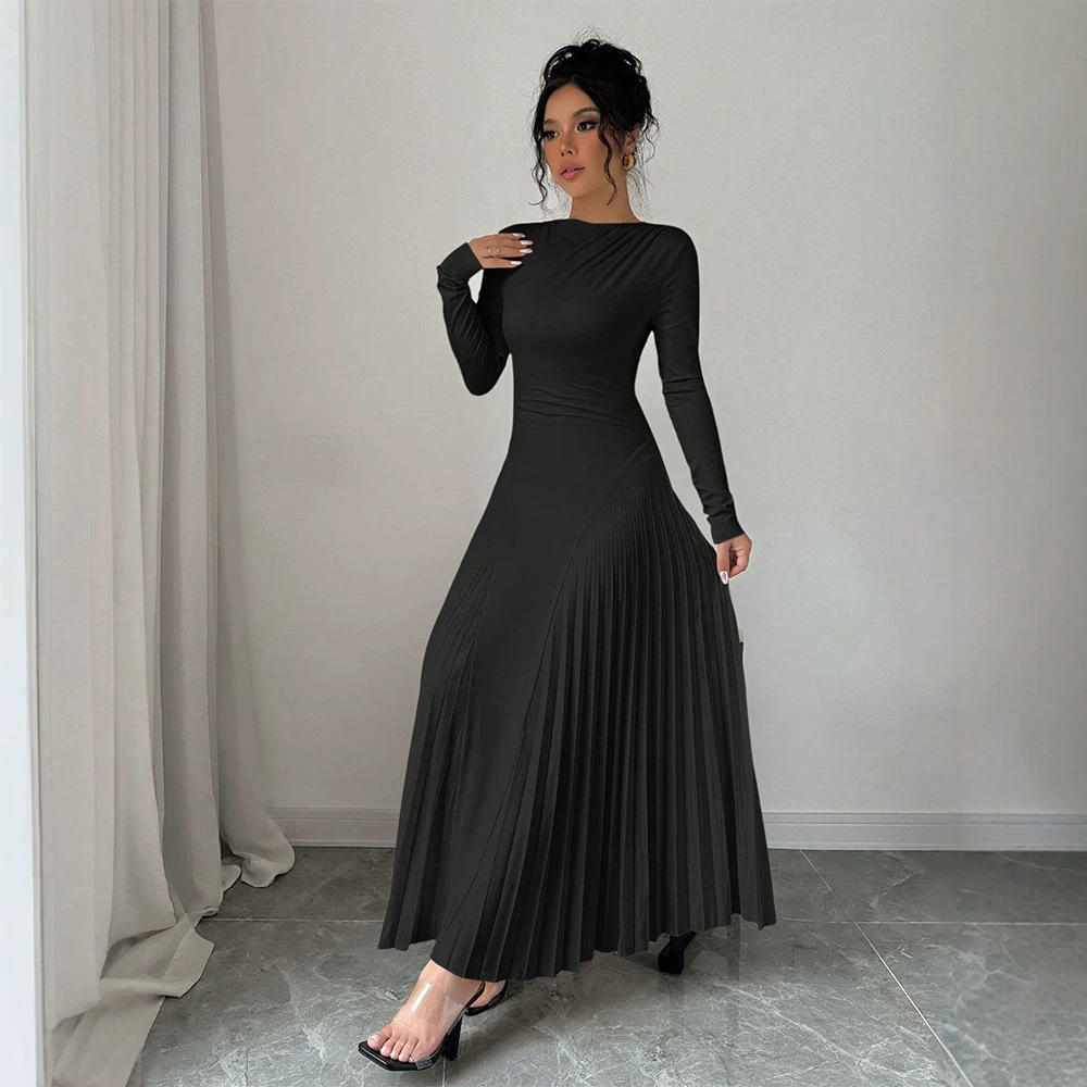 Long Sleeve Pleated Knit Maxi Dress Elegant