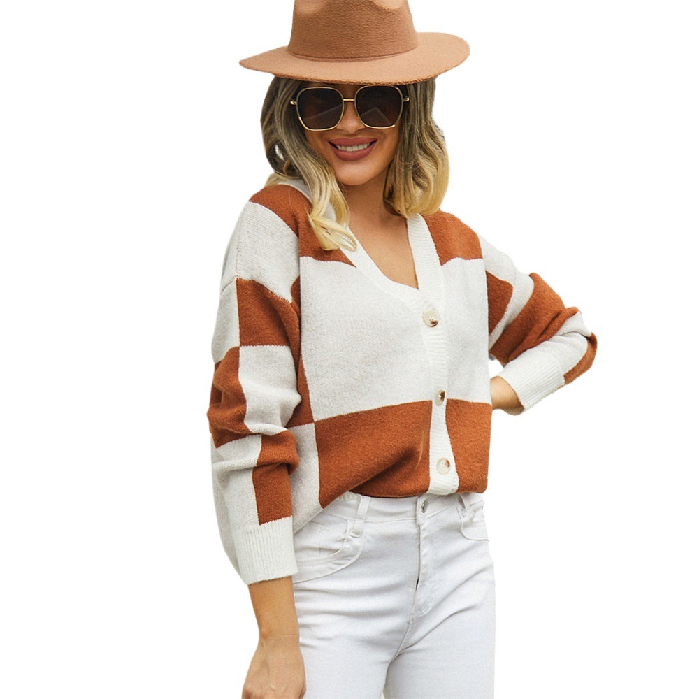 Plaid Patchwork Knit Cardigan Sweater Coat
