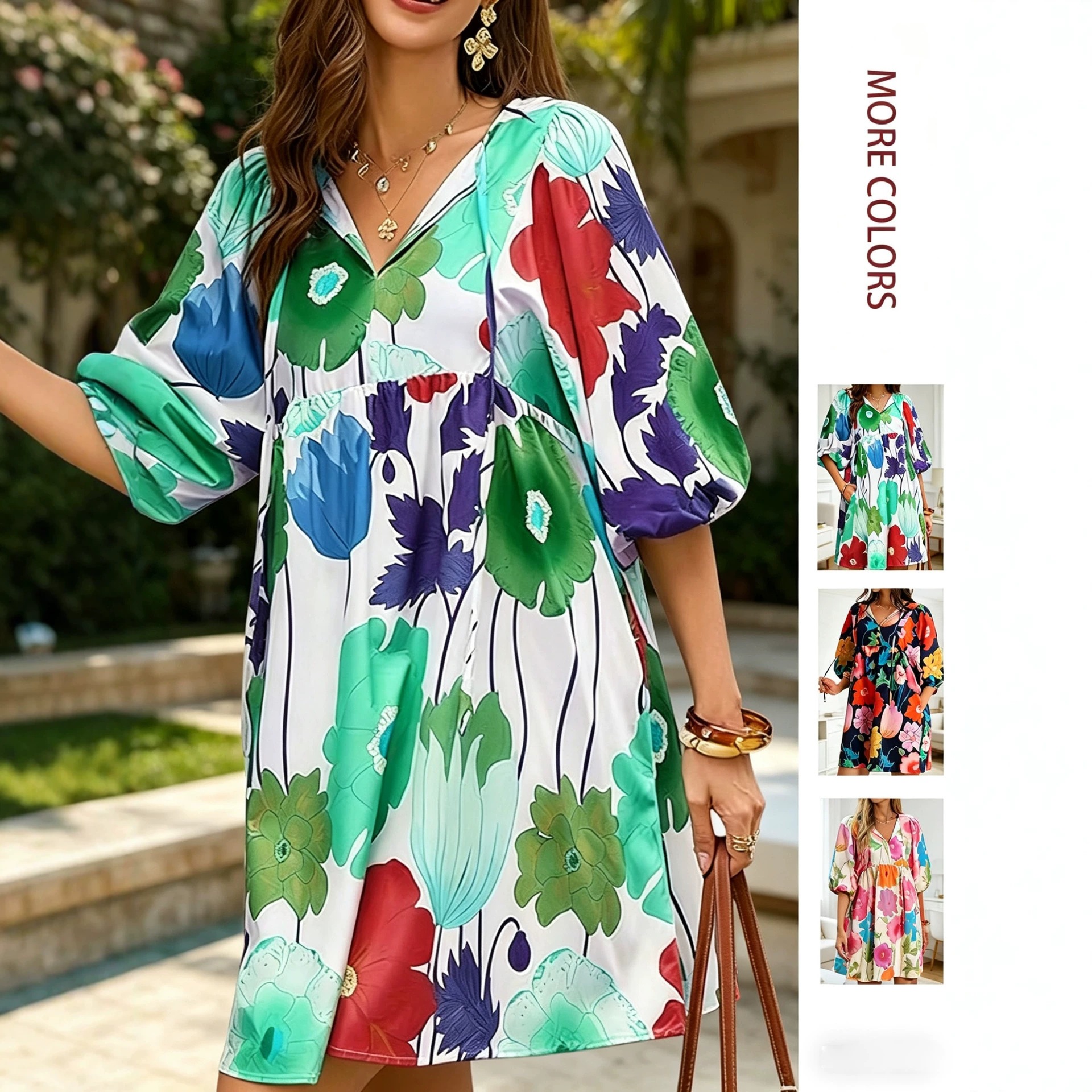 Colorful Floral Print V-Neck Tie Bubble Sleeve Loose Babydoll Dress