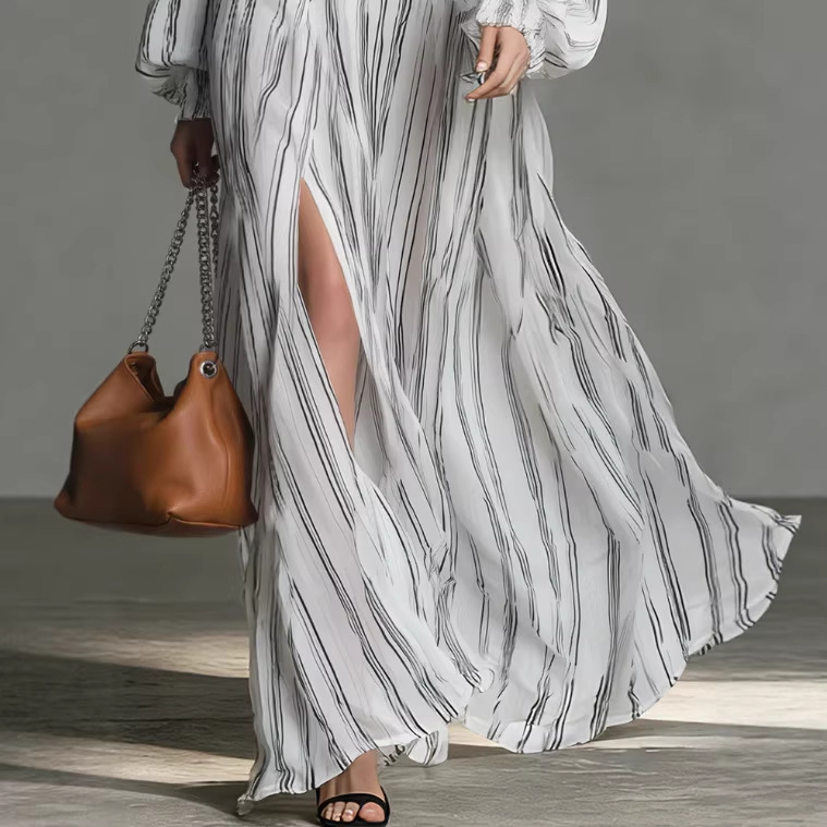 Off-Shoulder Striped Chiffon Long Sleeve Maxi Dress