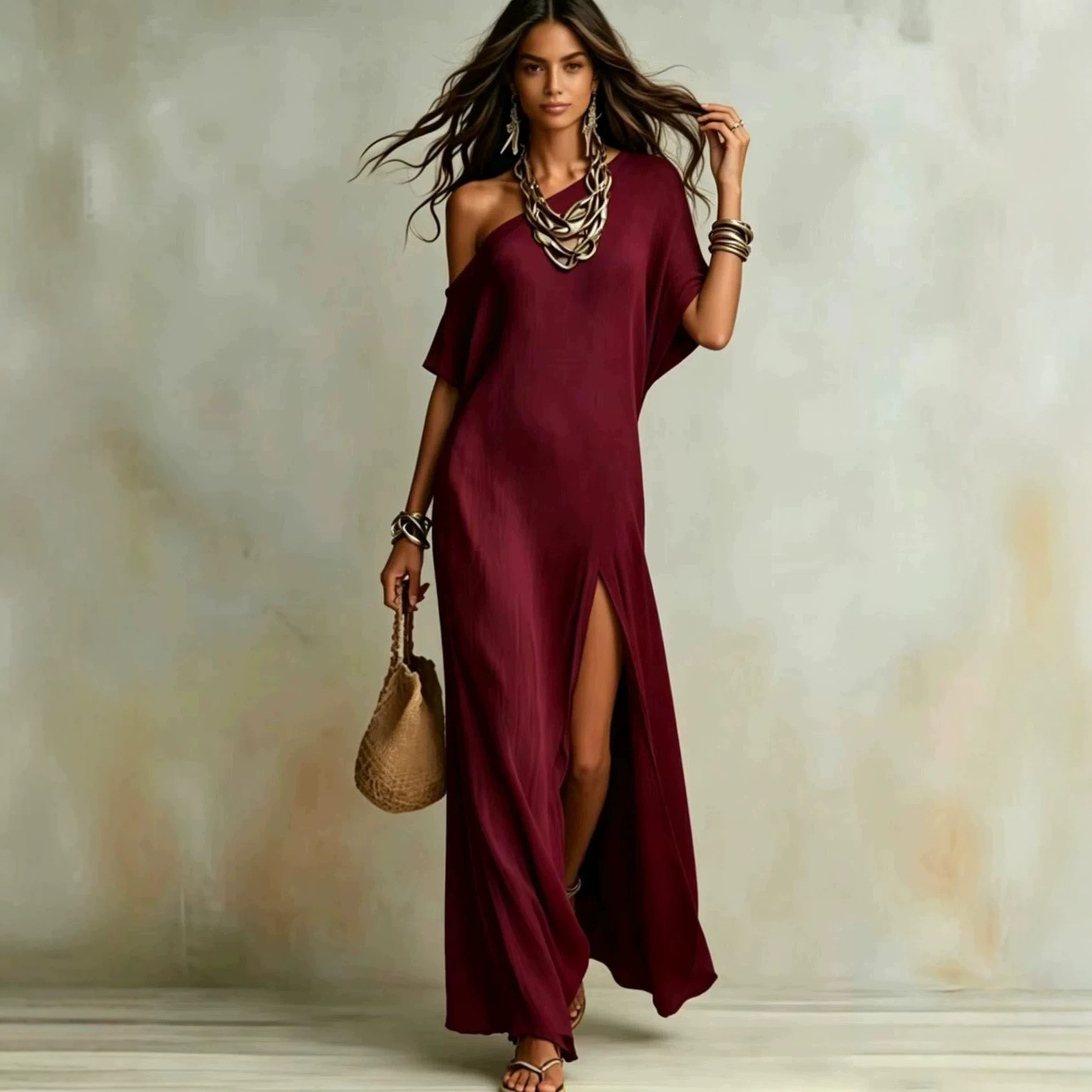 Elegant Short Sleeve Cotton-Linen Slit Dress