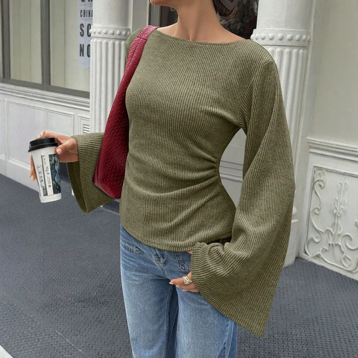 Slim Fit Knit Top with Round Neck and Flared Sleeves