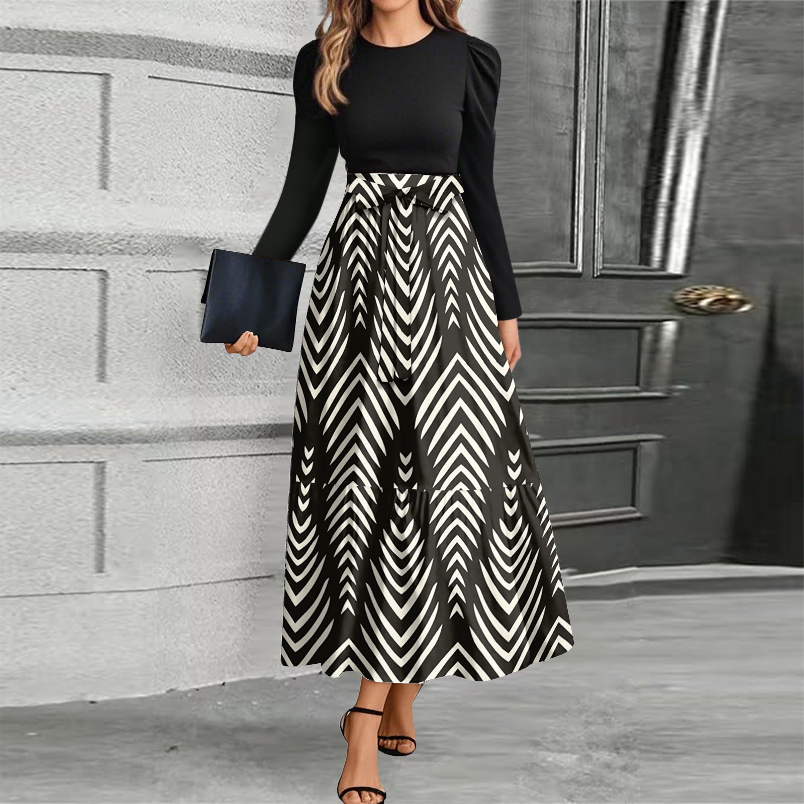 Women's Midi Dress Casual Elegant Long Sleeve High Waist Flowy Skirt