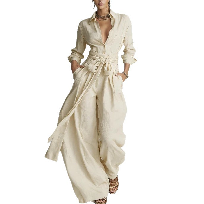 Solid Color Vintage High-Waist Tie-Waist Wide-Leg Jumpsuit