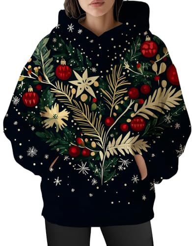 Women's Christmas Print Hoodie with Lantern Leaf Motif