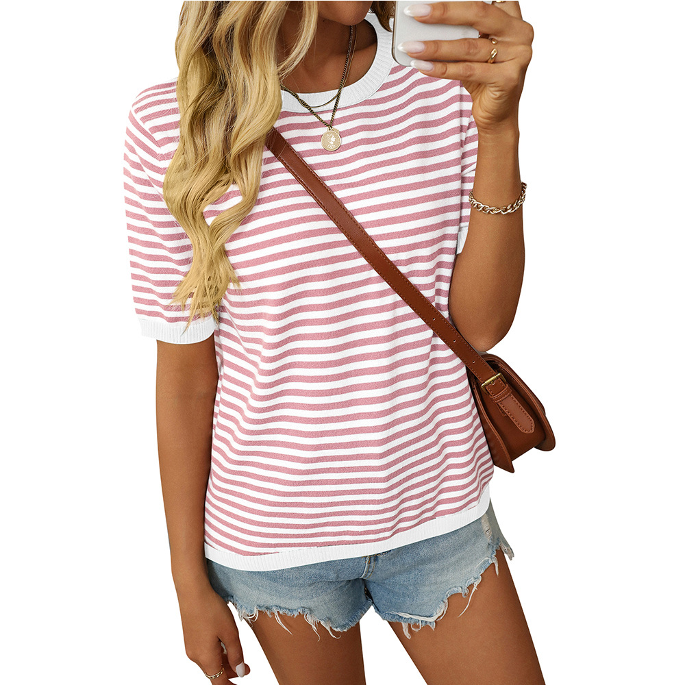 Women's Striped Colorblock Crewneck Short Sleeve Casual Sweater