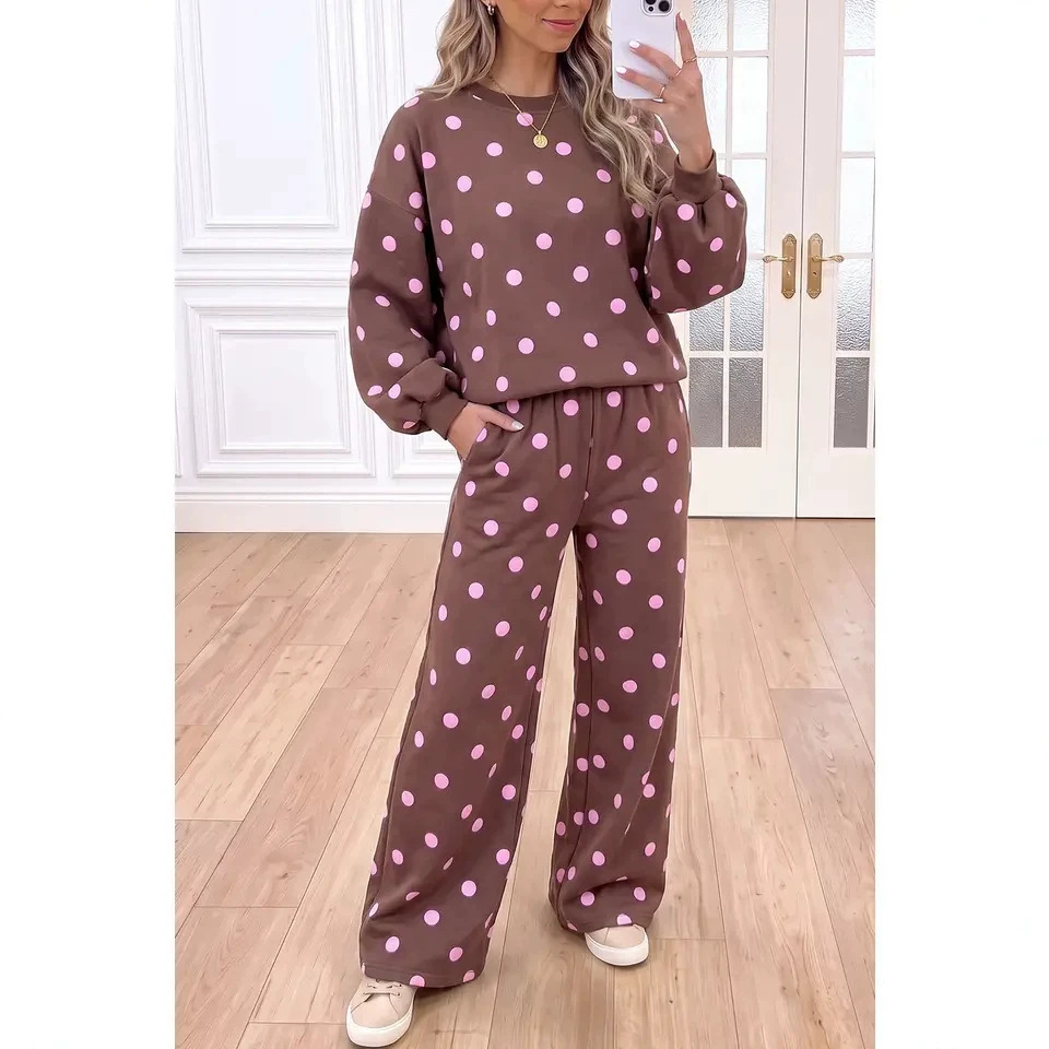 Polka Dot Long Sleeve Top and Wide-Leg Pants Two-Piece Set