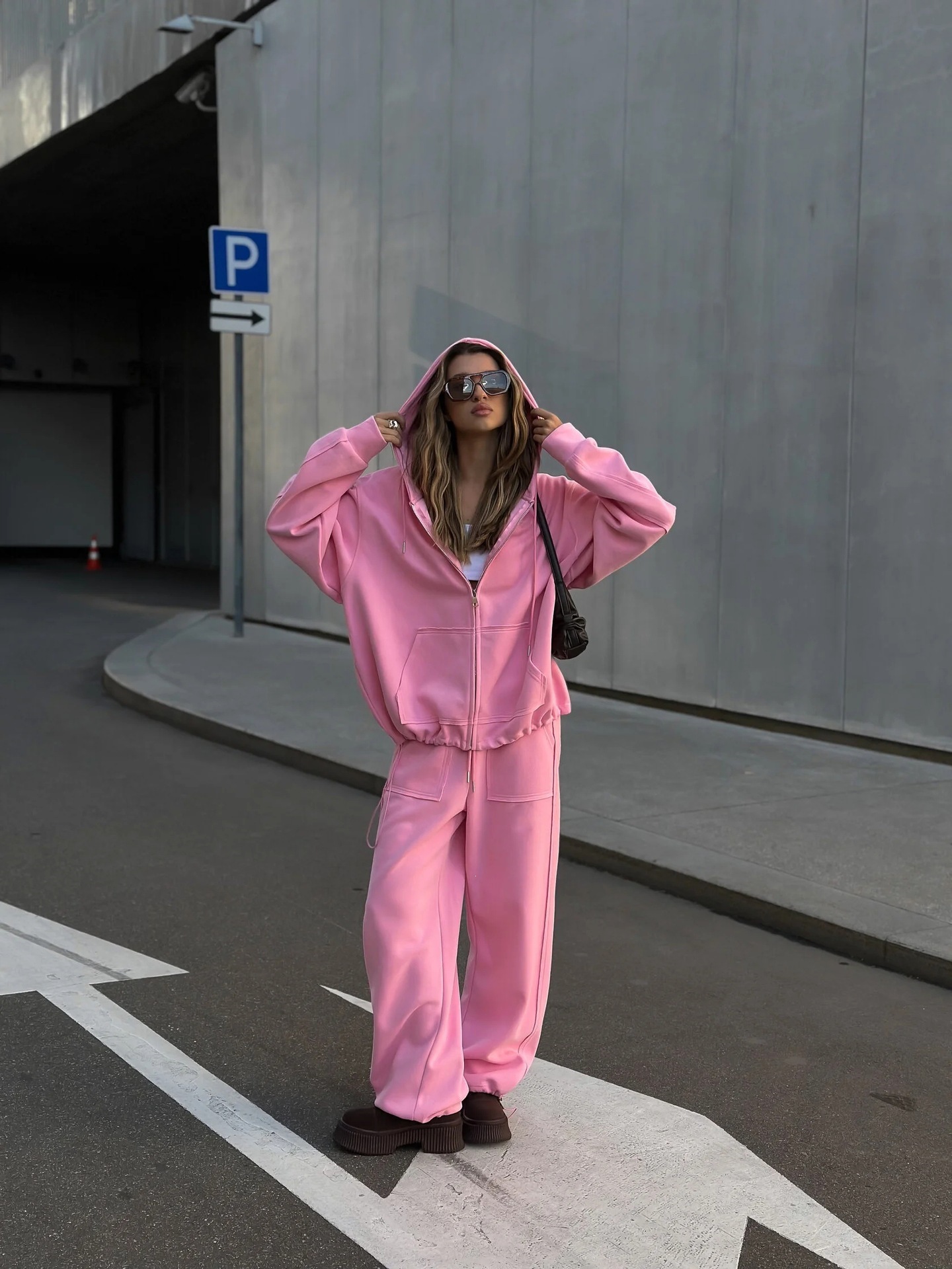 Solid Color Zip-Up Hoodie and Wide-Leg Drawstring Pants Two-Piece Set