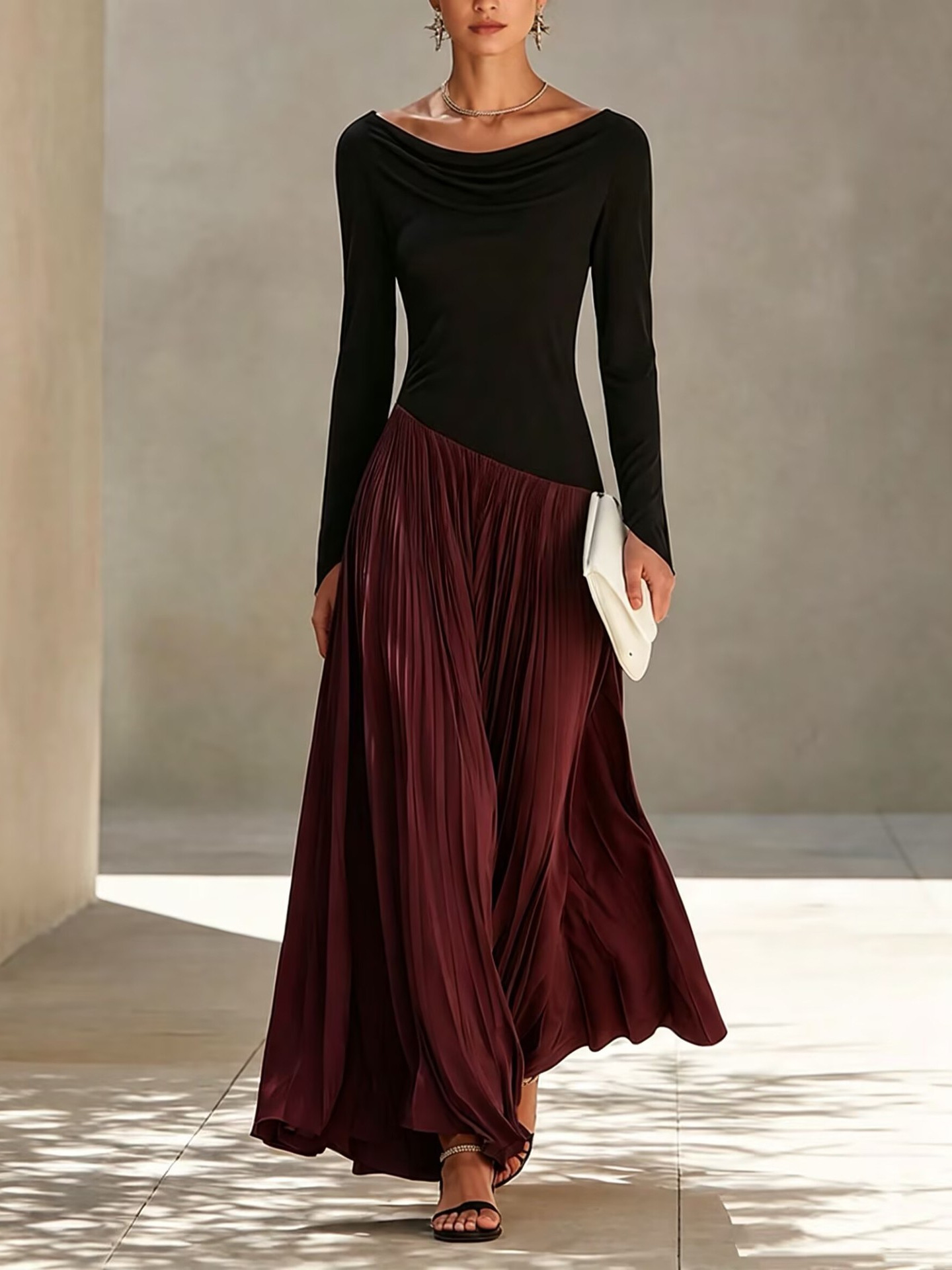 Minimalist Color-Block Draped-Neck Long Dress