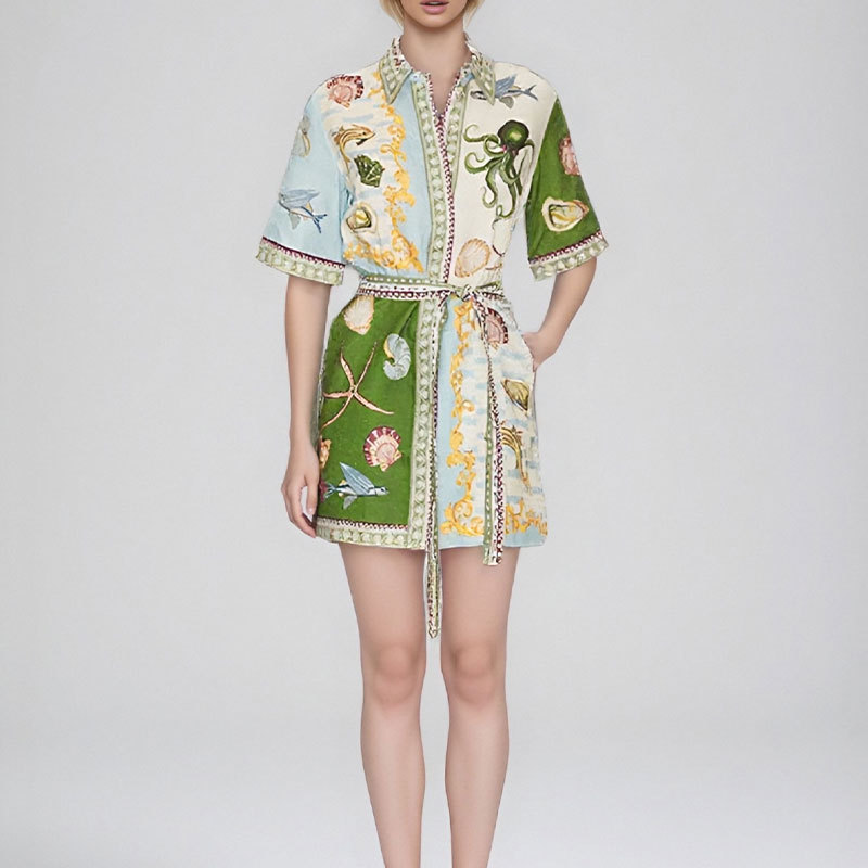 Women's Printed Collared Tie-Front Short Dress