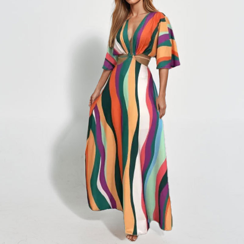 Women's Cutout Waist Printed Tie Dress