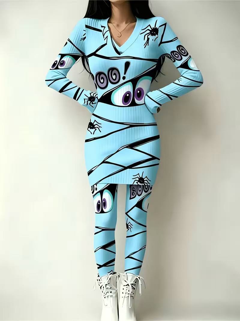 Anime Eye Print Long Sleeve Bodycon Top and Skirt Set
