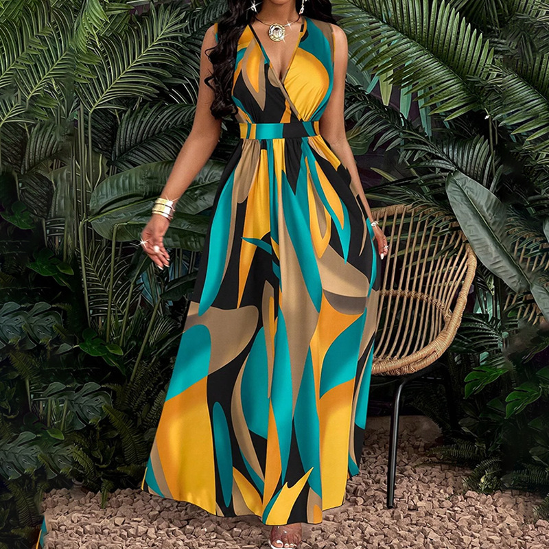 Elegant Floral Print Sleeveless V-Neck A-Line Midi Dress
