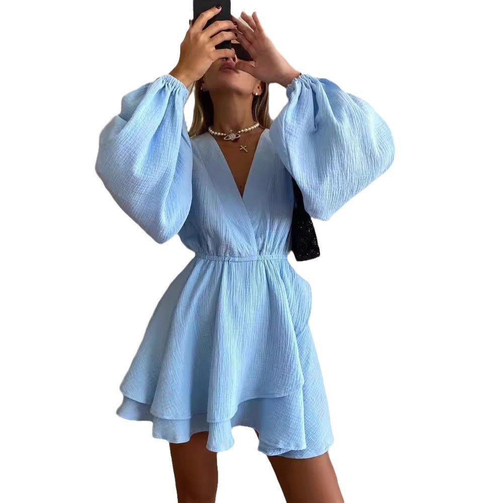 Women's Solid Color V-Neck Long Sleeve Cinched Waist Short Dress