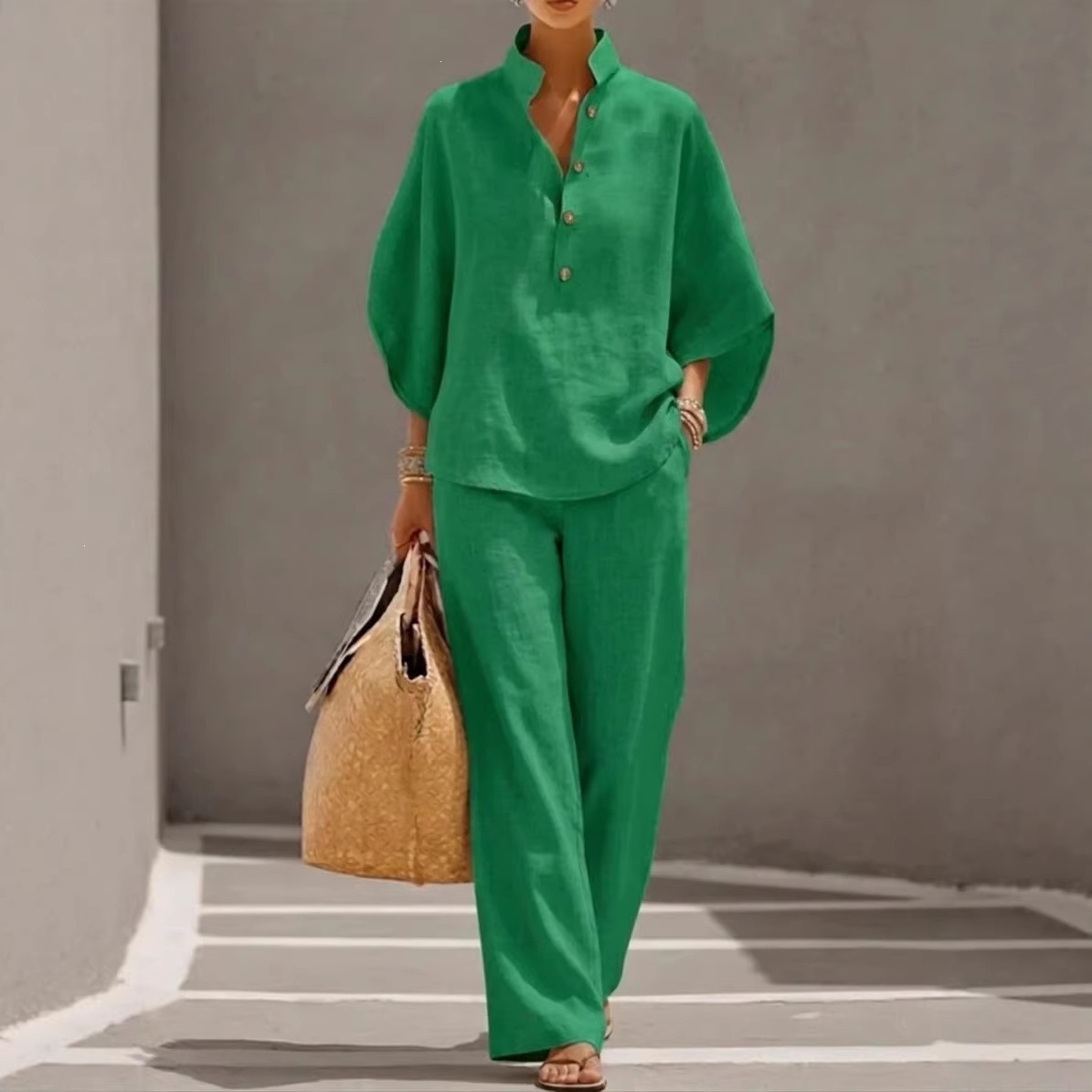 Women's Casual Solid Color Shirt and Pants Set