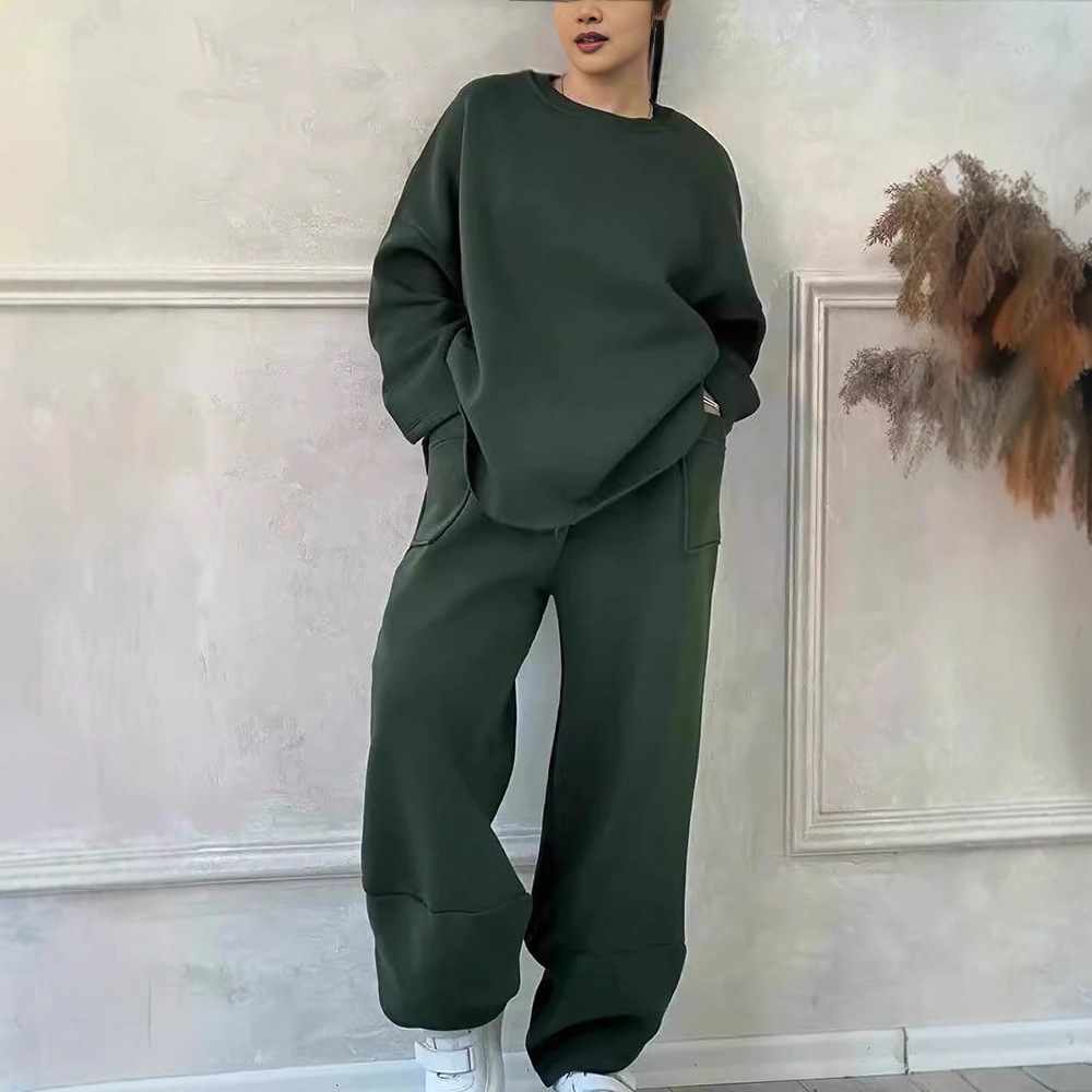 Solid Color Crewneck Long Sleeve Pocket Wide Leg Pants Loose Hoodie Two Piece Set