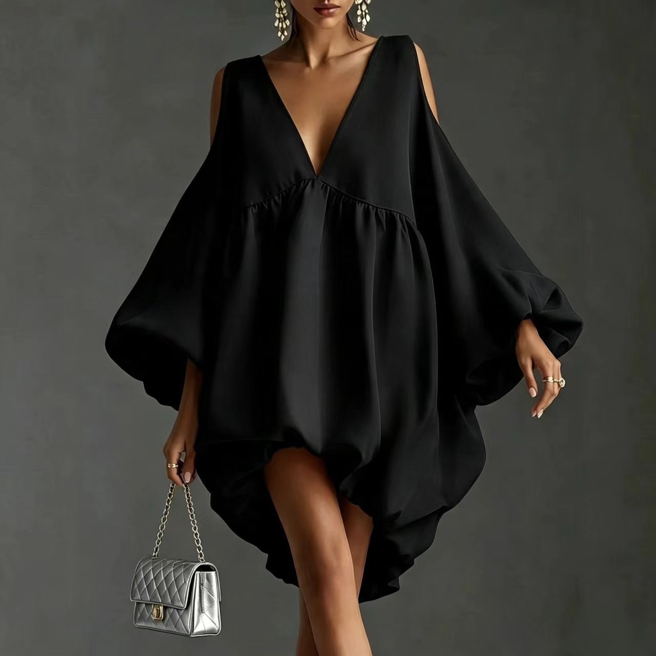Deep V Off-Shoulder Lantern Sleeve Loose Babydoll Dress Asymmetrical