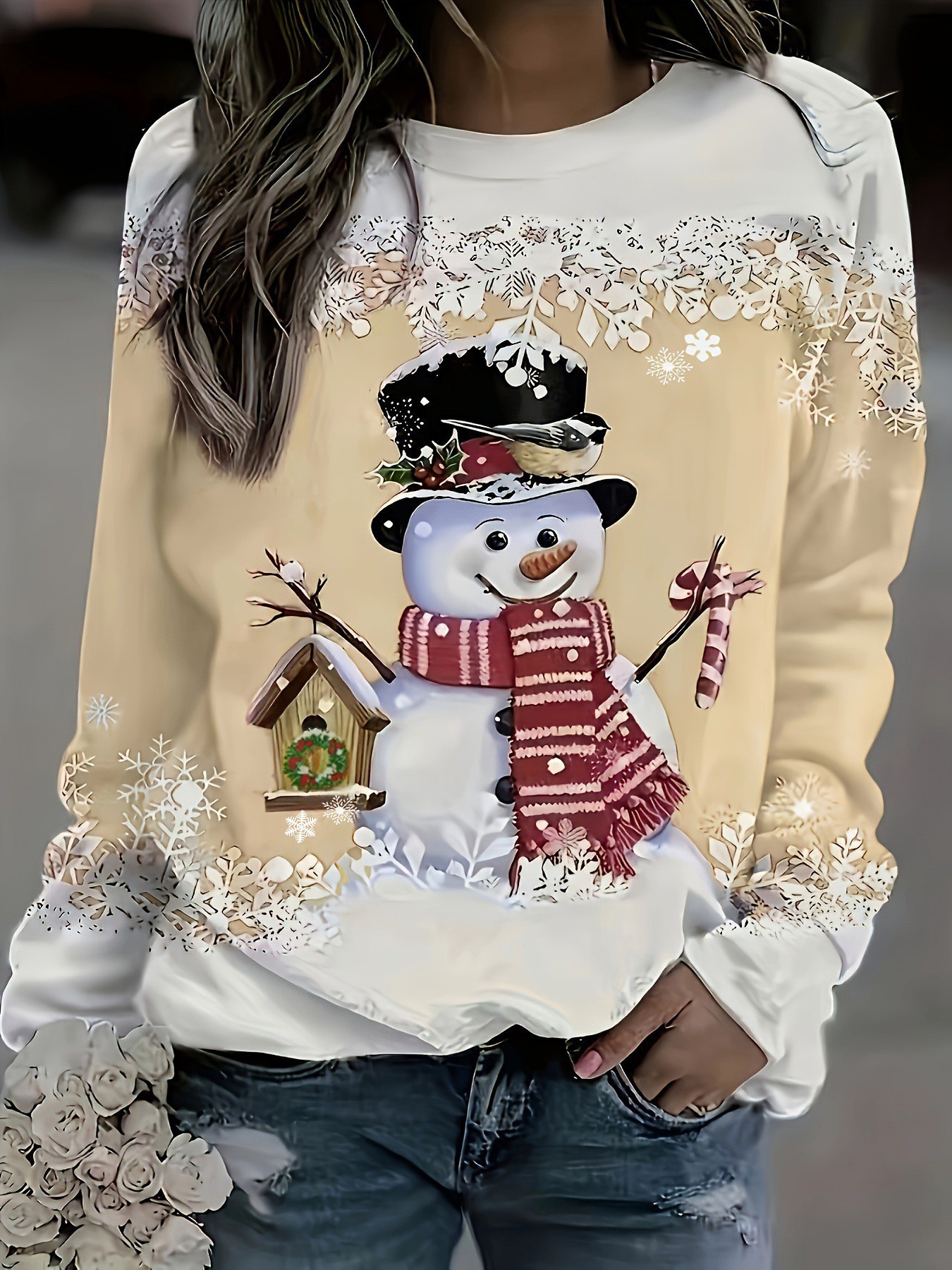 Women's Snowman Snowflake House Print Crewneck Sweatshirt