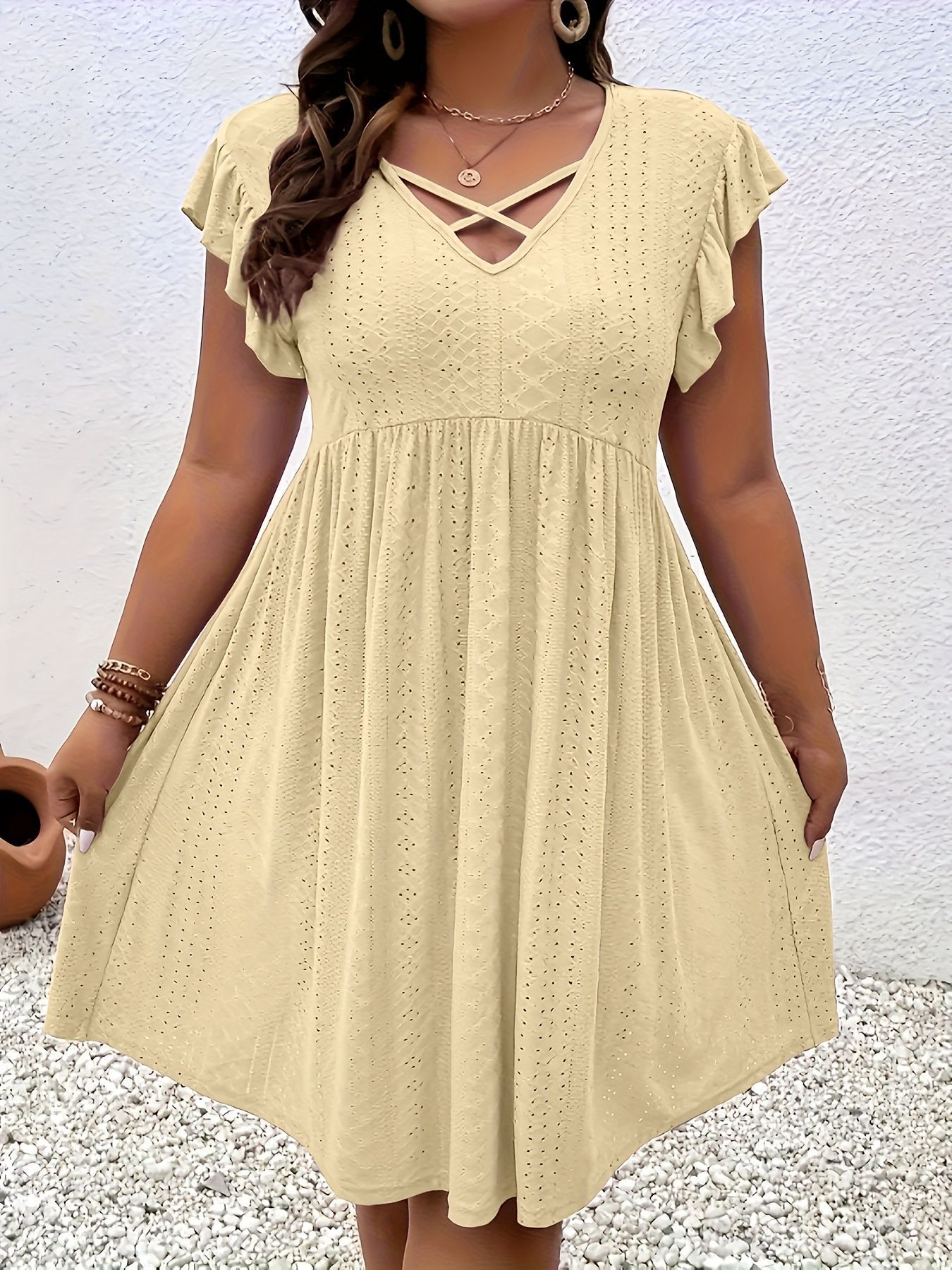 Women's Summer Hollow-Out Short Sleeve Cover-Up Mini Dress