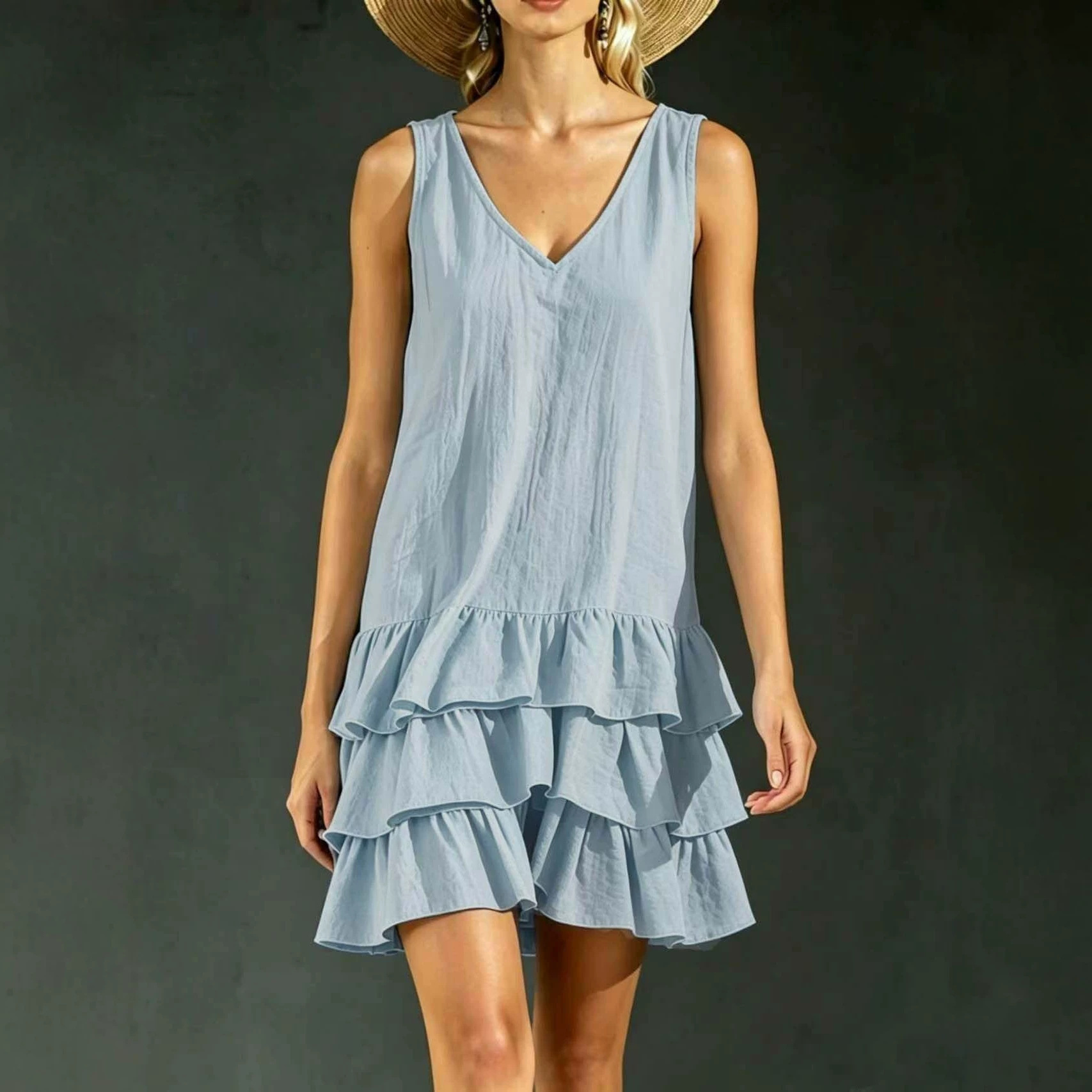 Women's Loose Solid Color Side Pocket Tank Dress Casual V-Neck Sleeveless Midi