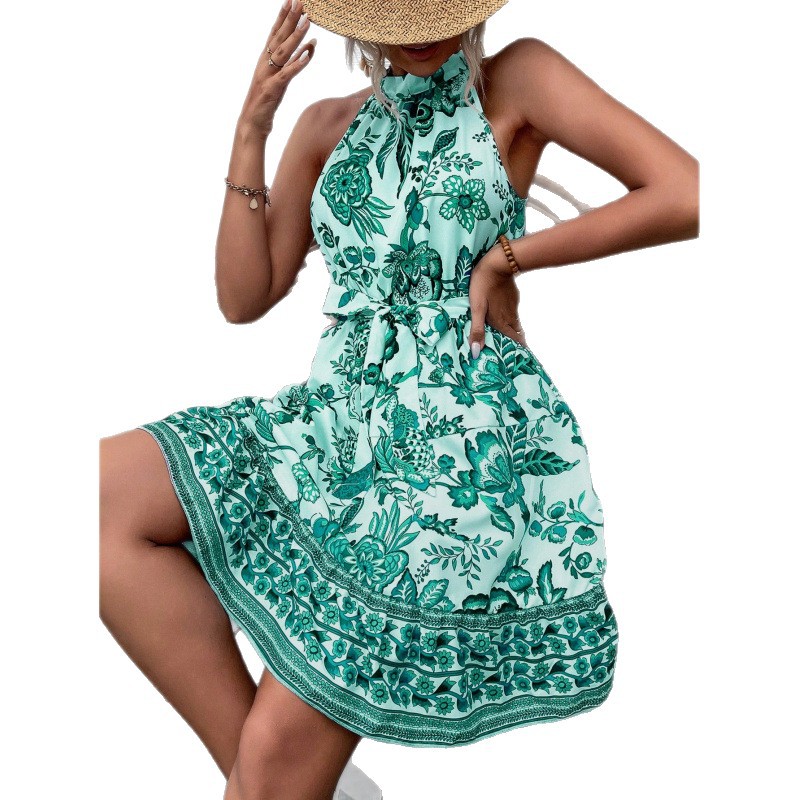 Floral Halter Neck Waist-Cinching Midi Dress
