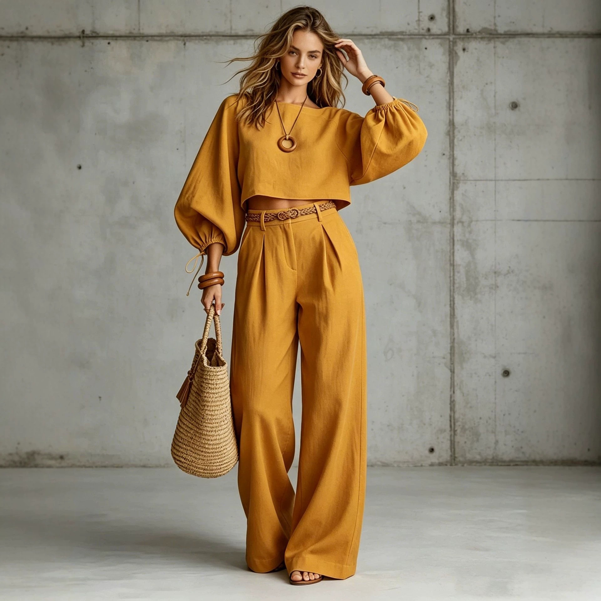 Women's Puff Sleeve Top & Wide-Leg Pants Casual Set