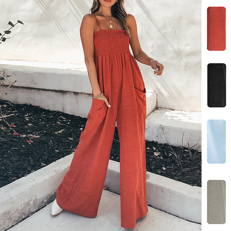 Women's Ruched Bandeau Sleeveless Jumpsuit Solid High Waist