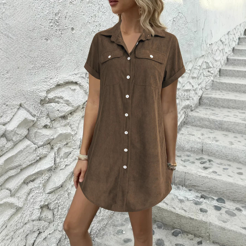 Corduroy Shirt Dress Short Sleeve Collared Loose Fit