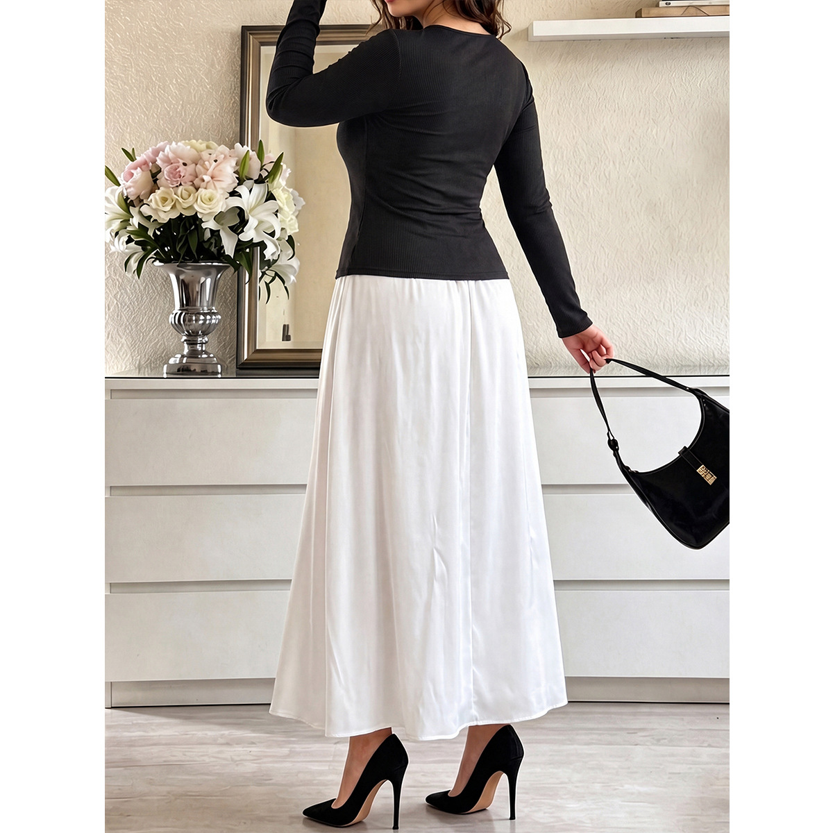Plus Size Cutout Metal Button Long Sleeve Top & High Waist Midi Skirt Two-Piece Set