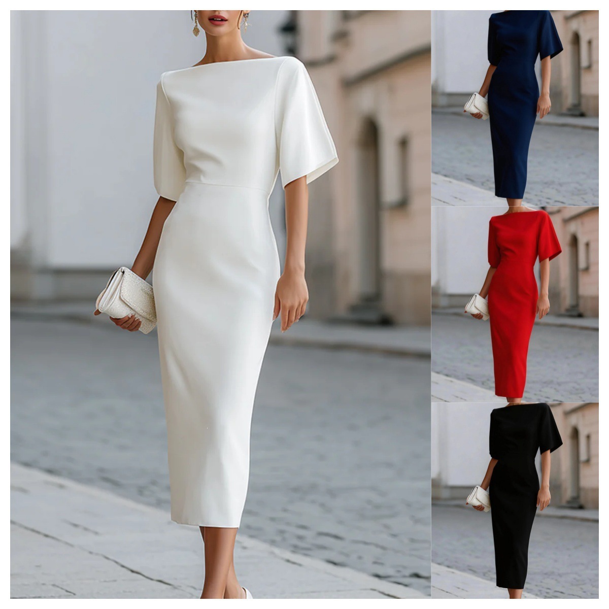 Elegant Slimming Waist Midi Solid Color Dress for Women